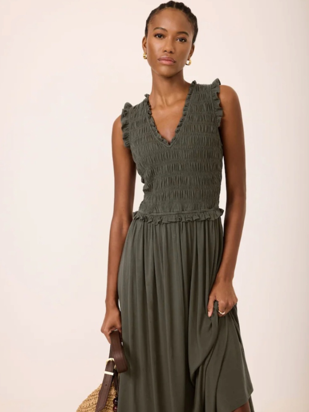 Mint Velvet Khaki/Green Shirred Ruffle Midi Dress Size Small